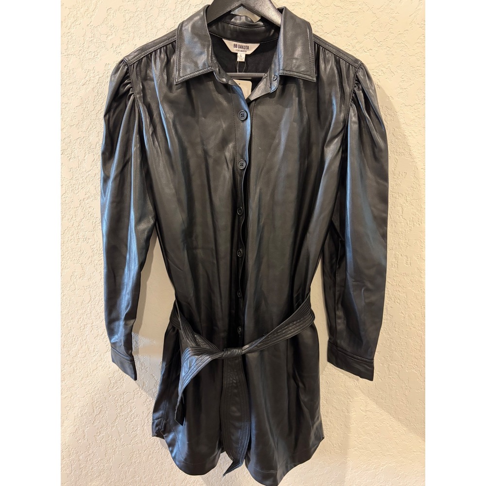 BB Dakota Steve Madden Black Vegan Leather Puff Sleeve Belted Mini Dress Large